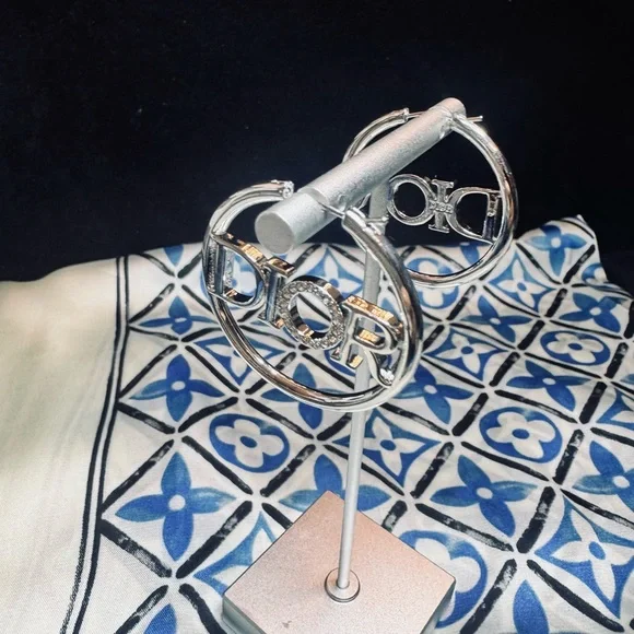 Dior Silver Logo Hoop Earrings with Crystal 'O' - Picture 6 of 6